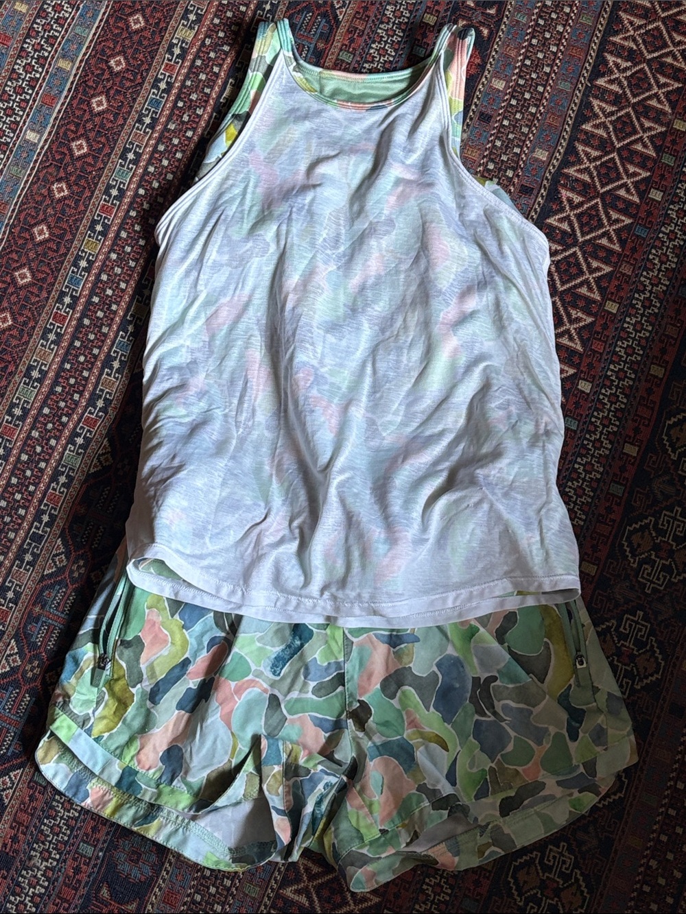 Athleta Pastel Camouflage Tank Top & Shorts Set - Pastel Green Multi